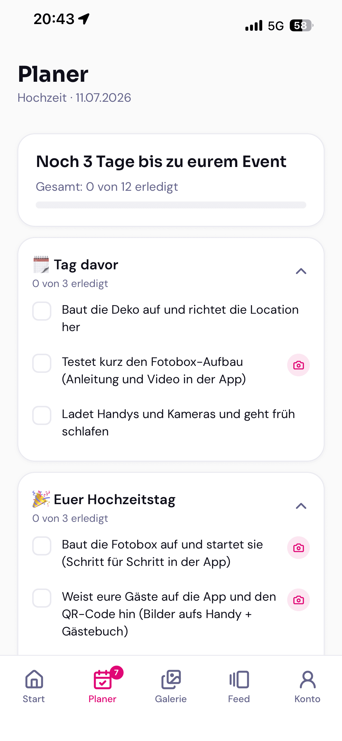 Planificateur d'événement avec compte à rebours et check-list